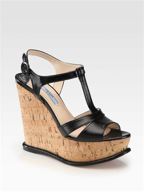 prada black leather wedge sandals|Prada platform wedge sandals.